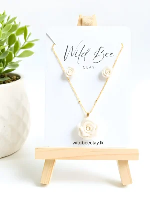 White Rose Jewellery Set- Gold Beaded Necklace